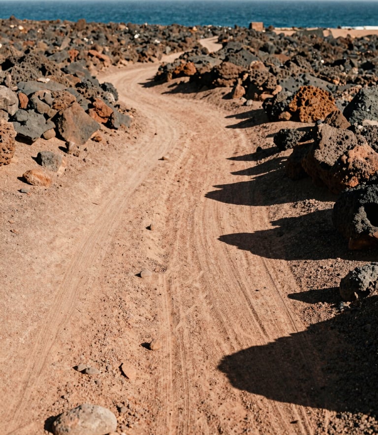 Warm editorial photography of a dusty desert path leading to the sea in Cabo de Gata, harsh midday sun casting deep shadows, volcanic rocks, 35mm film style.