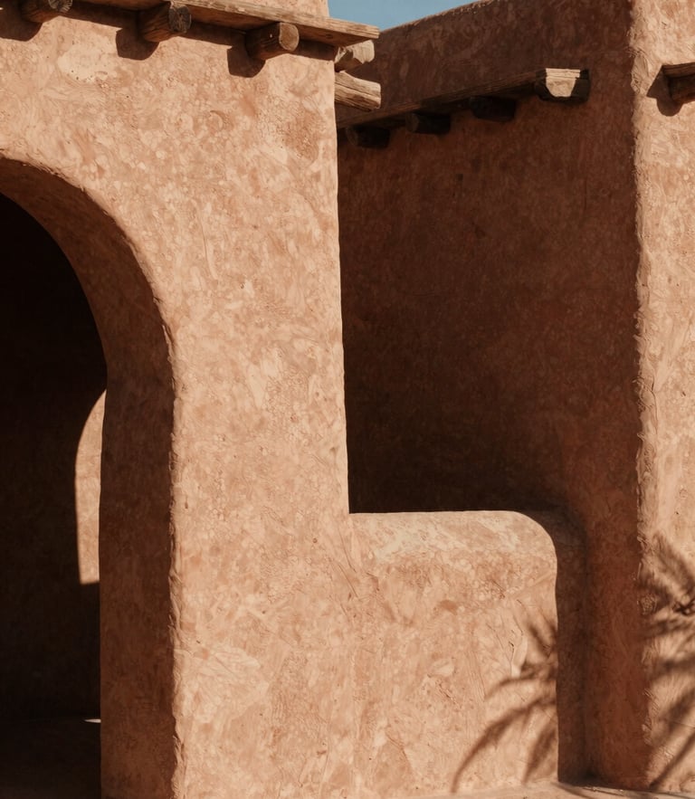 Rustic architectural details of Finca Akasha, warm editorial photography, harsh desert sunlight, deep shadows, earthy terracotta tones, 35mm film