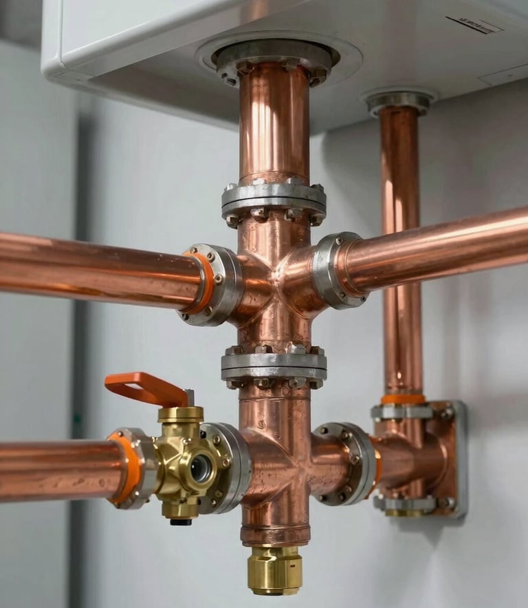 Crisp architectural close-up of pristine copper piping welds and brass valves inside a clean modern mechanical room, sharp focus, 35mm.