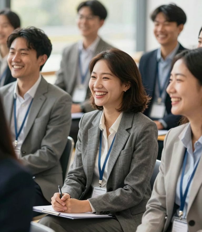 Medium shot of a diverse group of corporate professionals laughing together during an outdoor workshop, warm natural daylight, authentic smiles, shallow depth of field.