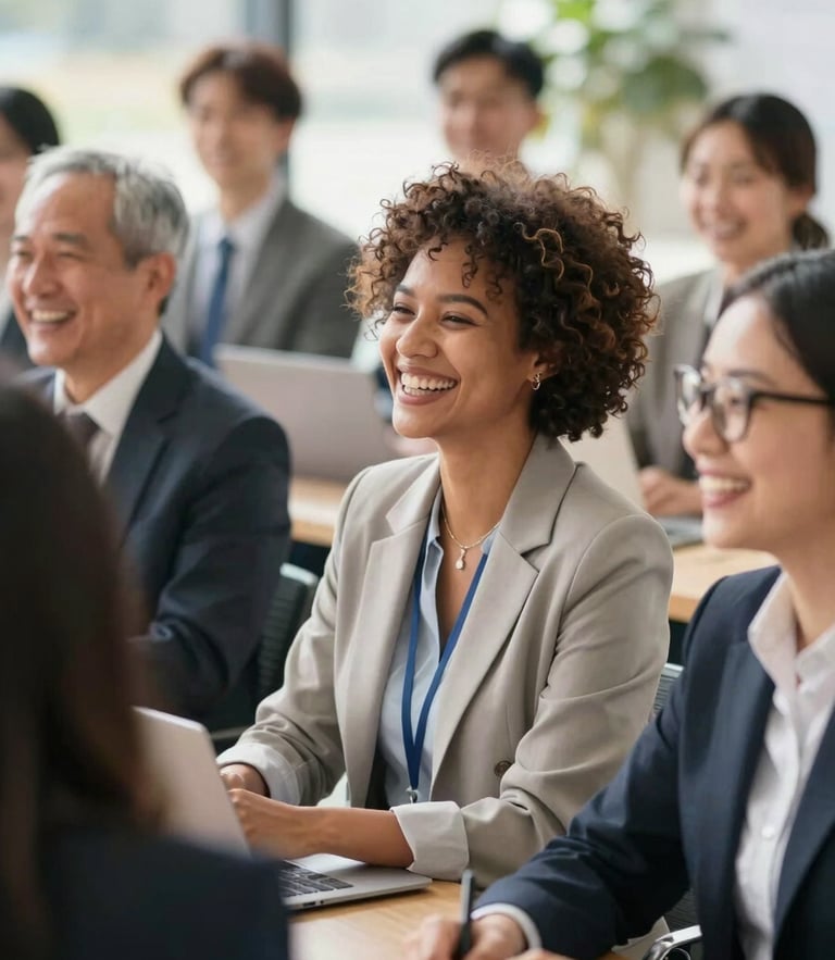 Diverse corporate professionals laughing during a collaborative outdoor workshop, bright natural daylight, warm energetic tones, shallow depth of field