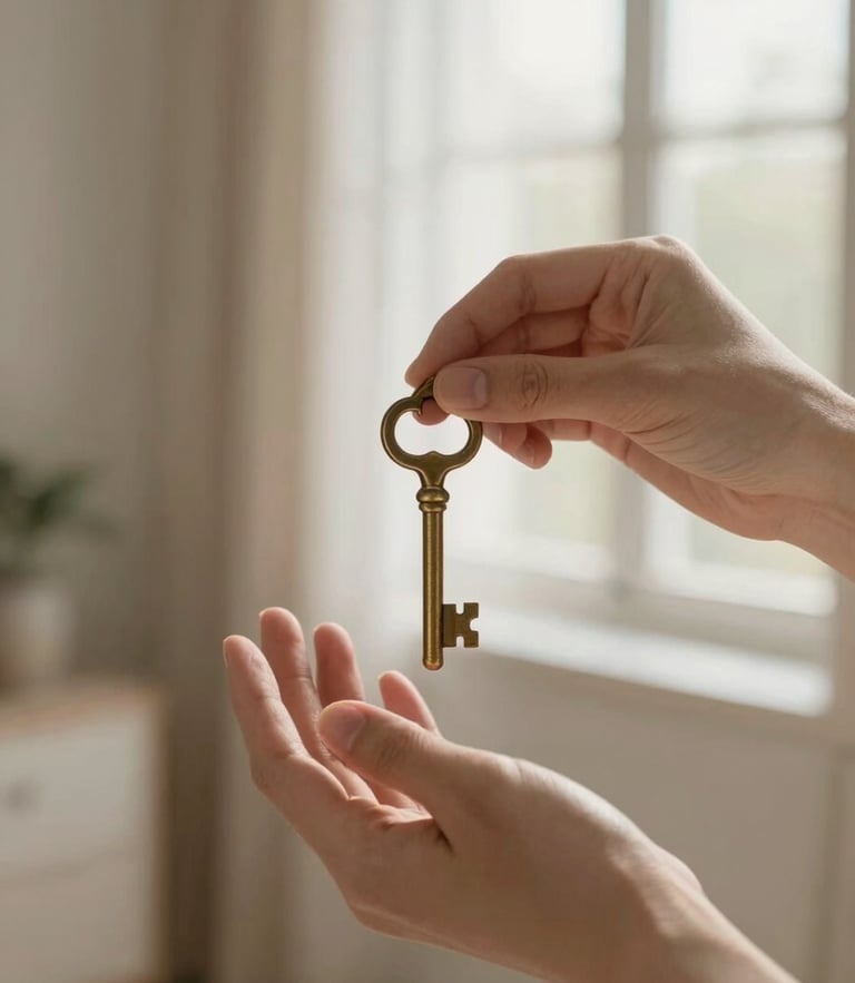 Close-up of hands gently holding an old brass key, warm morning window light, soft focus neutral background, editorial photography