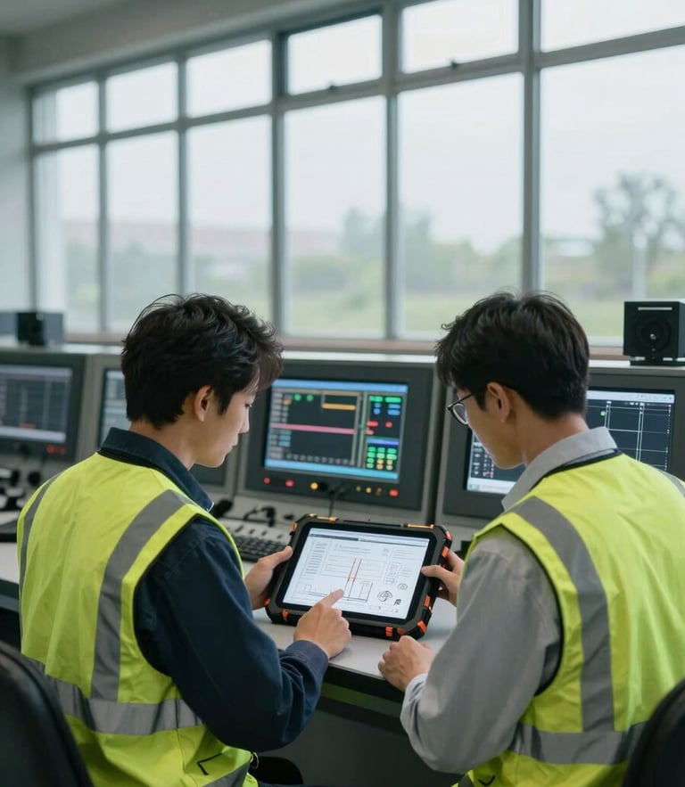 Wide environmental shot, industrial control room, two systems engineers in high-visibility gear reviewing schematics on a ruggedized tablet, cool overcast daylight filtering through high windows.