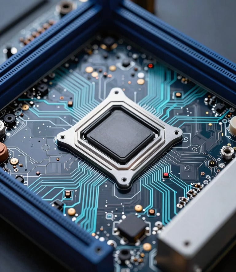 Macro shot of a clean motherboard with electric-cyan trace lines, cool-toned studio lighting, geometric framing, emphasizing precision and cleanliness.