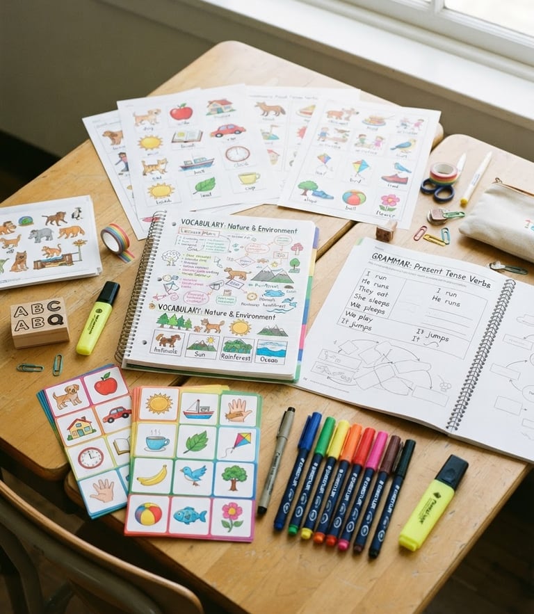 Bright editorial flatlay of printed English lesson plans, colorful markers, and flashcards on a clean wooden desk, cheerful natural classroom daylight, 35mm