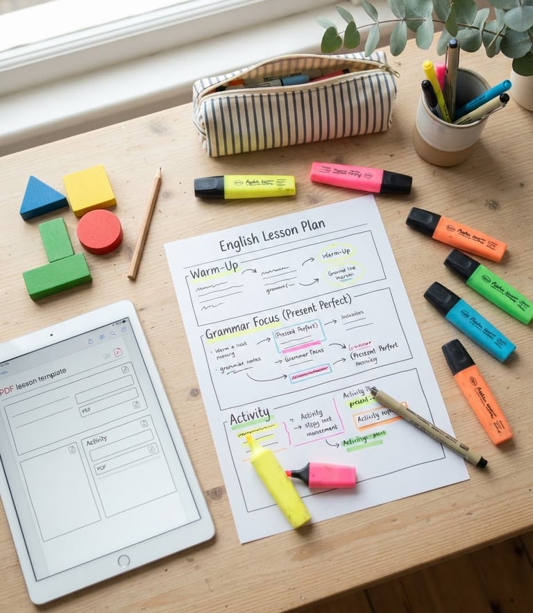 Bright top-down flatlay of a printed English lesson plan with colorful highlighters, geometric wooden blocks, and a tablet showing a PDF template, cheerful natural daylight