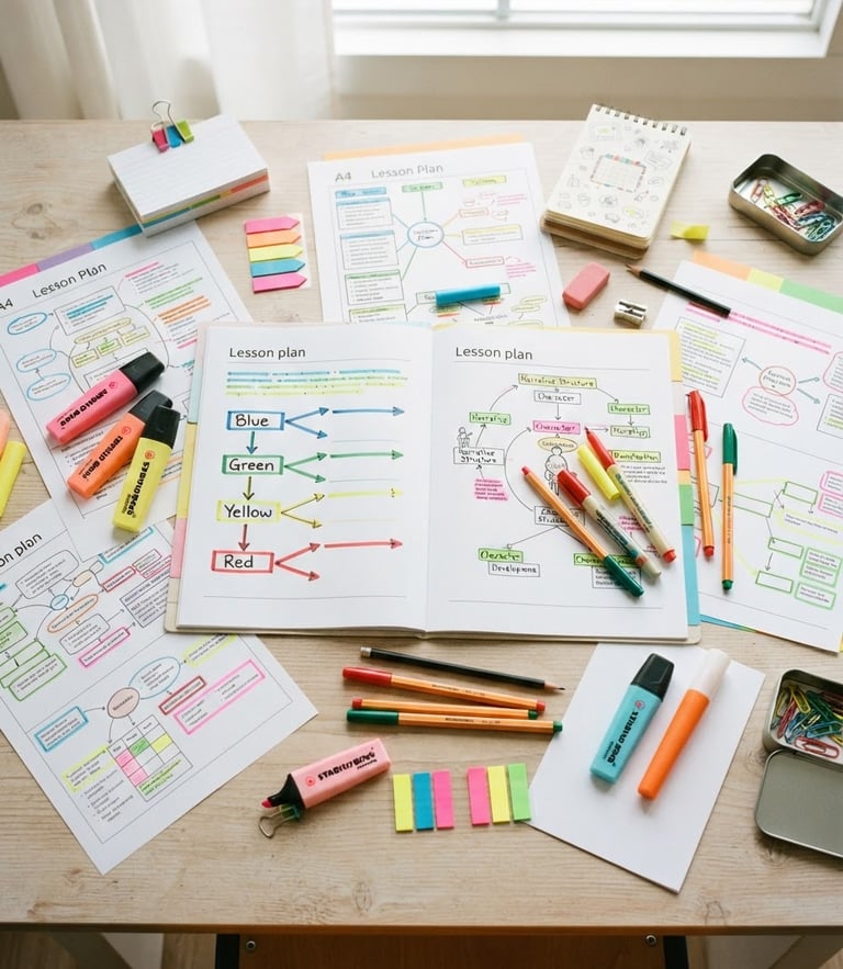 Top-down flatlay of printed English lesson plans for sixth grade, colorful markers, clean high-key natural daylight, 35mm