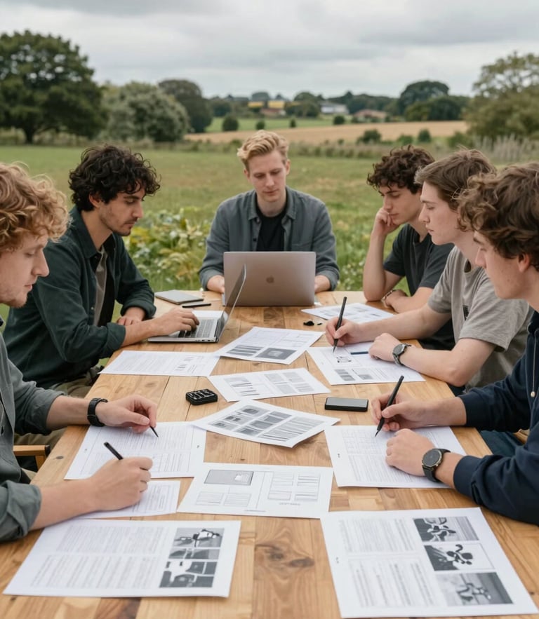 A wide environmental shot of a UK creative team collaborating around a timber table in natural, diffused overcast daylight, layouts and campaign blueprints visible.