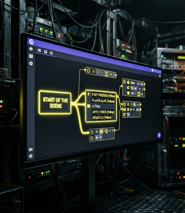Sleek GDevelop event sheet on a high-end monitor, dark cyber-industrial setting, sharp hazard-yellow neon accents, macro lens, 35mm