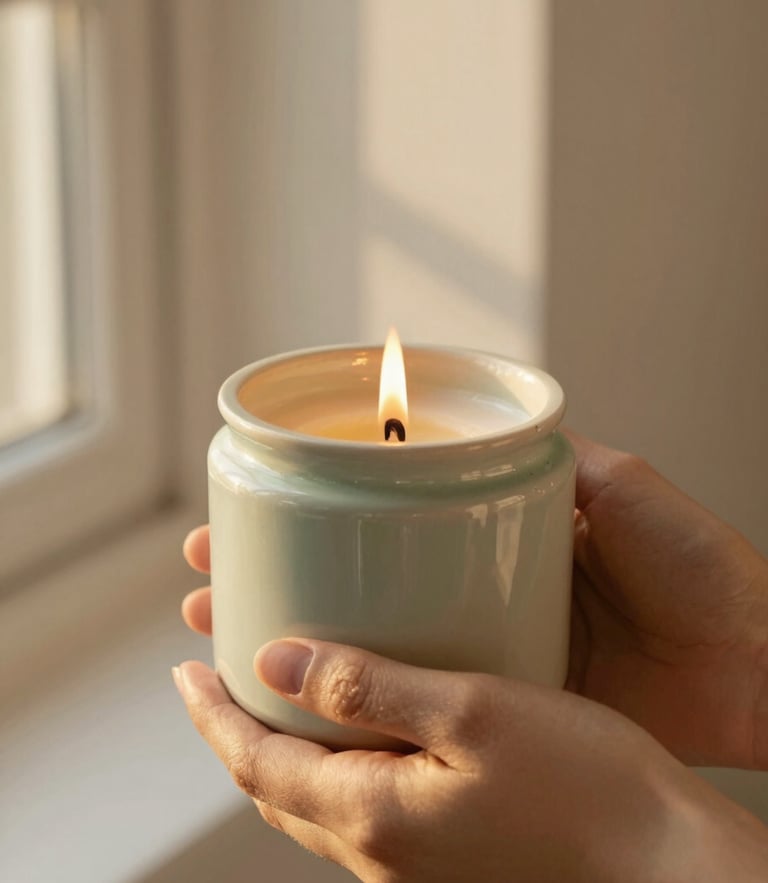 Close-up of hands holding a warm, burning soy candle in a ceramic jar, soft golden hour morning light, shallow depth of field, 35mm