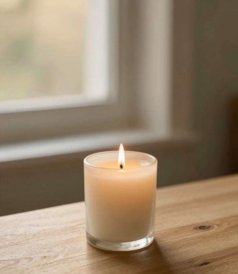 A lit candle on a wooden table, warm golden-hour window light, soft cream and sage tones, shallow depth of field, 35mm