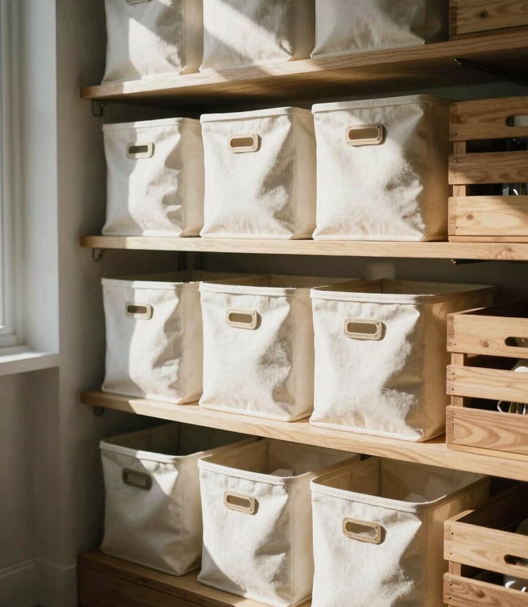 Bright eye-level shot of a pantry with natural daylight, featuring neatly labeled canvas bins and wooden crates on open shelves.