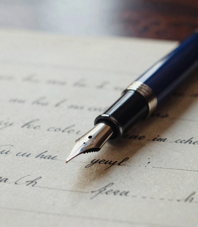 Macro close-up of a vintage fountain pen resting on aged legal parchment, soft natural window light, shallow depth of field, 35mm film style.