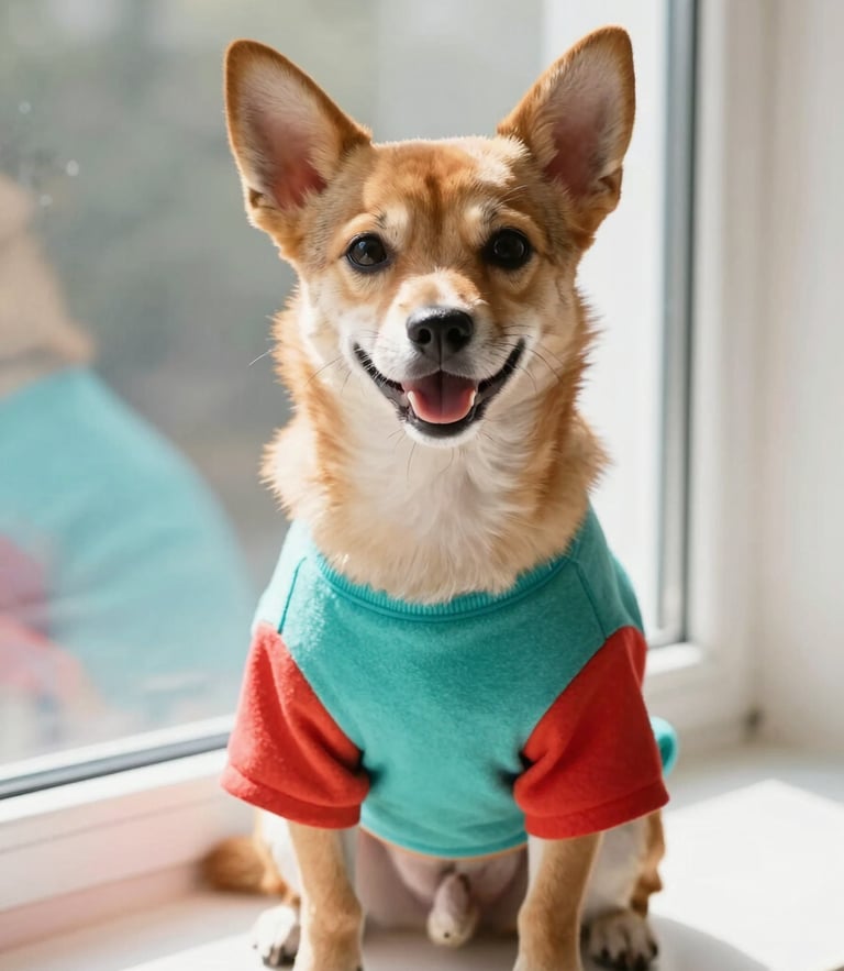 A happy small dog wearing a colorful handmade teal shirt, sitting comfortably near a sunny window, warm editorial photography, 50mm