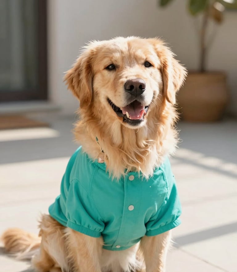 A happy fluffy golden retriever wearing a vibrant teal handmade dog shirt, sitting in bright warm natural daylight on a clean patio, eye-level shot, shallow depth of field, 50mm