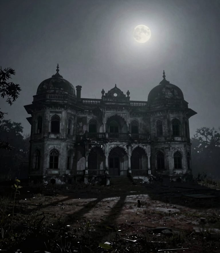 Eerie abandoned colonial mansion in Punjab, heavy mist, moonlight casting long gothic shadows, desaturated dark tones, 35mm film grain