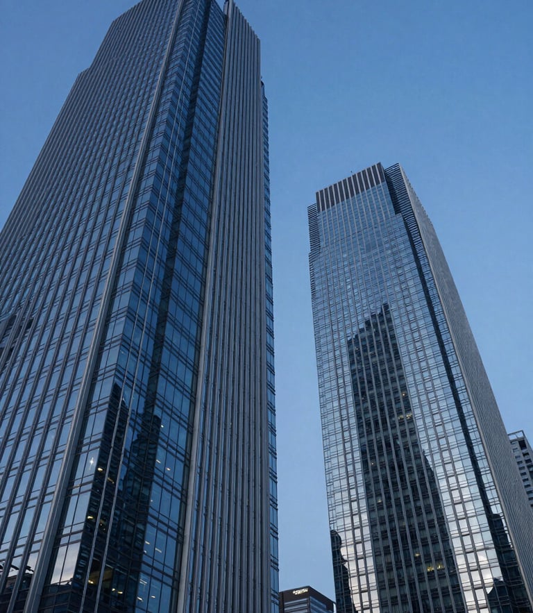 Wide-angle photograph of high-end corporate architecture, glass and steel skyscraper facades reflecting a deep blue twilight sky, sharp clean lines, luxury financial district aesthetic.