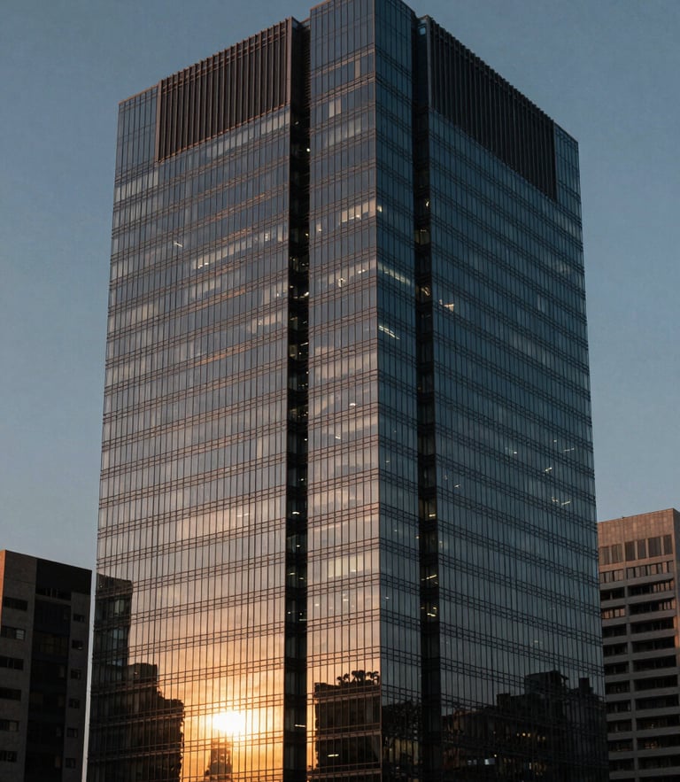 Minimalist corporate high-rise glass facade overlooking the São Paulo financial district at twilight, sharp geometric angles, low-key dramatic lighting with warm gold reflections.