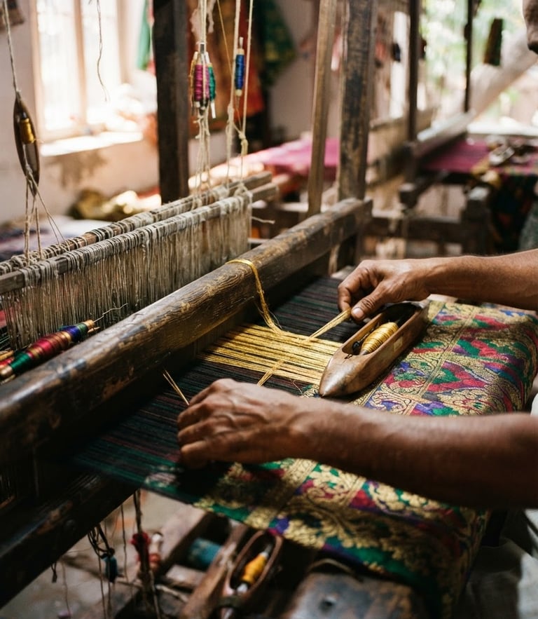 Warm editorial photography of hands guiding golden zari threads on a traditional wooden loom, high-contrast natural sunlight, rich saturated jewel tones, 35mm
