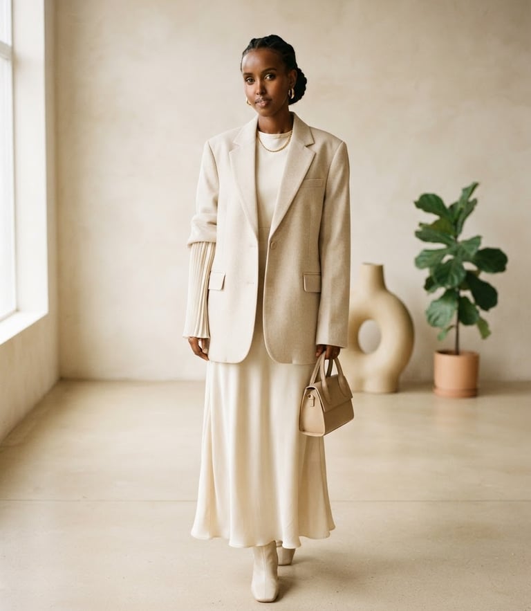 Elegant modest fashion model in a minimalist cream-toned indoor studio, soft natural side light, high-end editorial styling