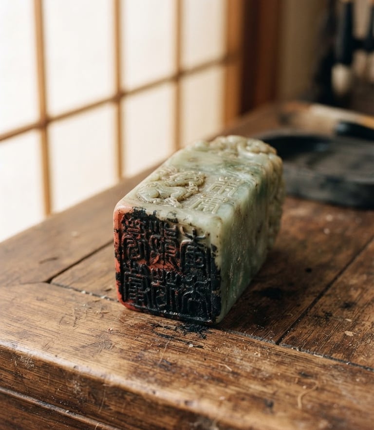 Macro photograph of a hand-carved jade seal stone on a warm wooden desk, soft natural side-light through a paper screen, ink residue on the tip, dust particles in the air, 35mm editorial.