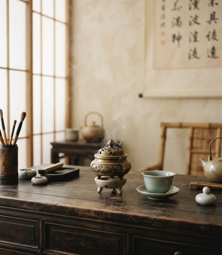 Serene Taiwanese tea-house interior, a wooden scholar's desk with a brass incense burner, soft natural side-light filtering through paper screens, elegant calligraphy hanging on the wall, shallow depth of field, warm cream tones.