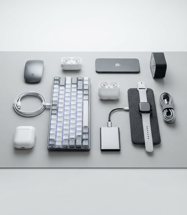 Bright high-key studio product shot of minimalist tech accessories arranged neatly on a clean gray surface, sharp focus, natural shadows.