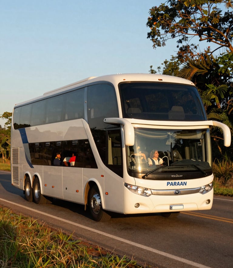 Warm editorial travel photo of a modern high-comfort bus on a scenic road in Paraná, golden hour lighting, 35mm lens.