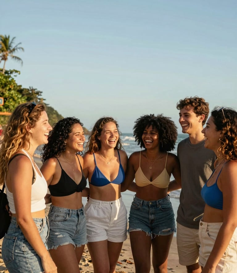 Warm editorial travel photography of a happy group of diverse travelers laughing together on a sunlit coastline in Paraná, golden-hour natural light, 35mm lens.