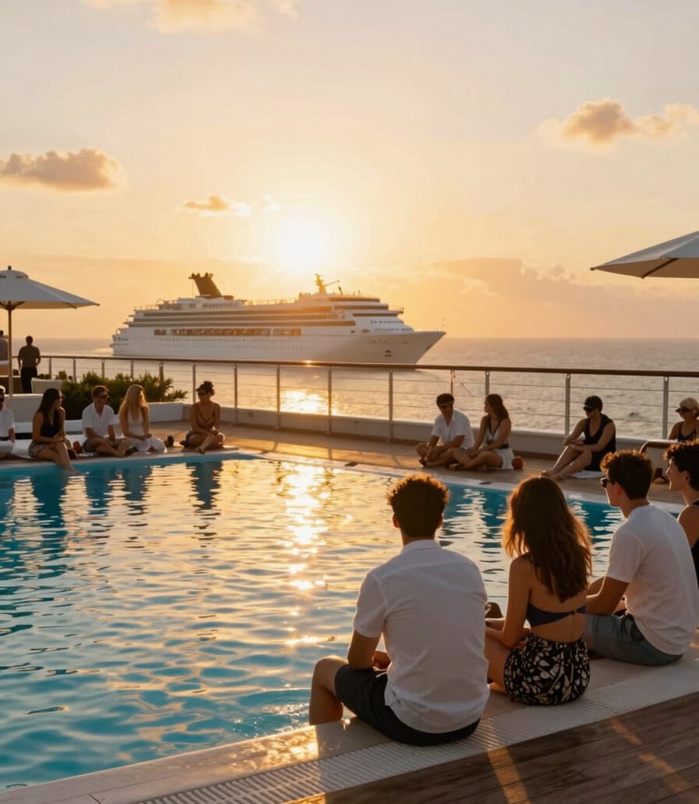 A luxury cruise ship deck at sunset, warm golden light reflecting on the swimming pool, ocean horizon in the background.
