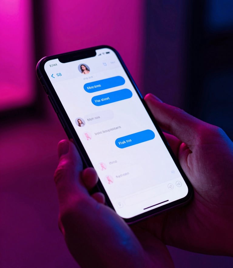 Dynamic close-up of hands holding a smartphone displaying an active chat interface, vibrant neon pink and electric blue reflections on the screen, dark moody urban background, high contrast shadows.