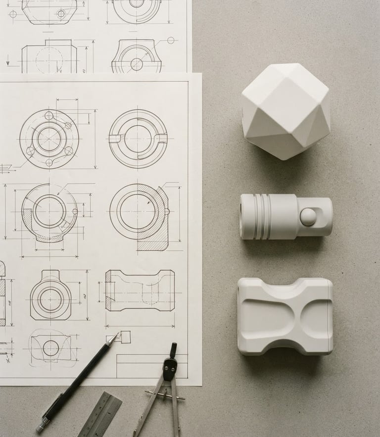 A minimalist overhead flat-lay of technical blueprint sketches and neutral geometric product prototypes on a clean workspace, diffused studio light, 35mm