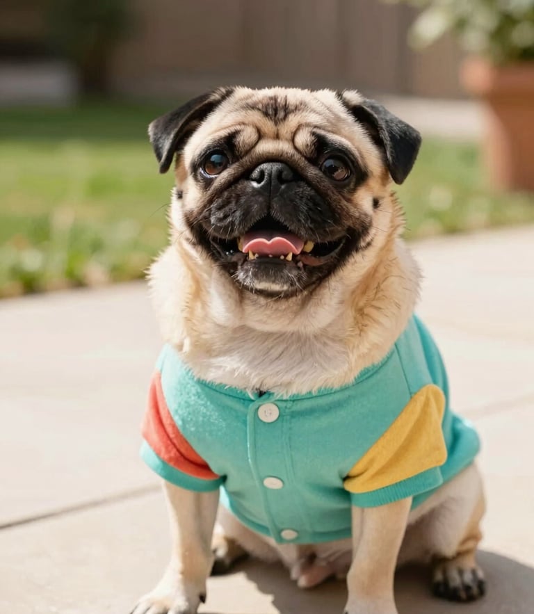 A happy pug wearing a colorful handmade teal shirt sitting on a sunny patio, looking up curiously, warm daylight, 35mm
