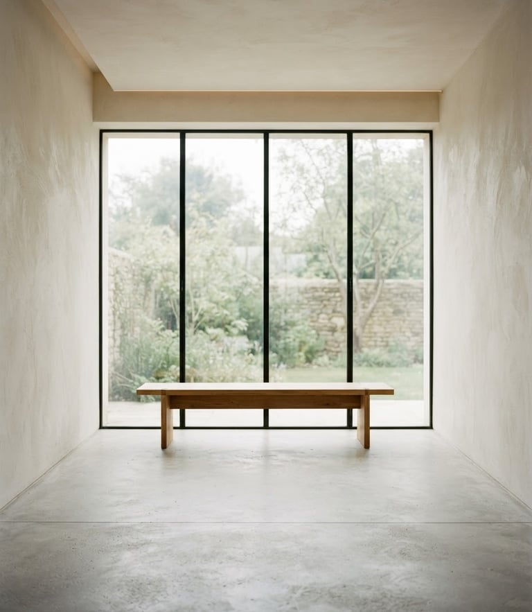 Straight-on architectural elevation of a quiet minimalist residential sanctuary, plaster walls, low oak bench, soft natural daylight.
