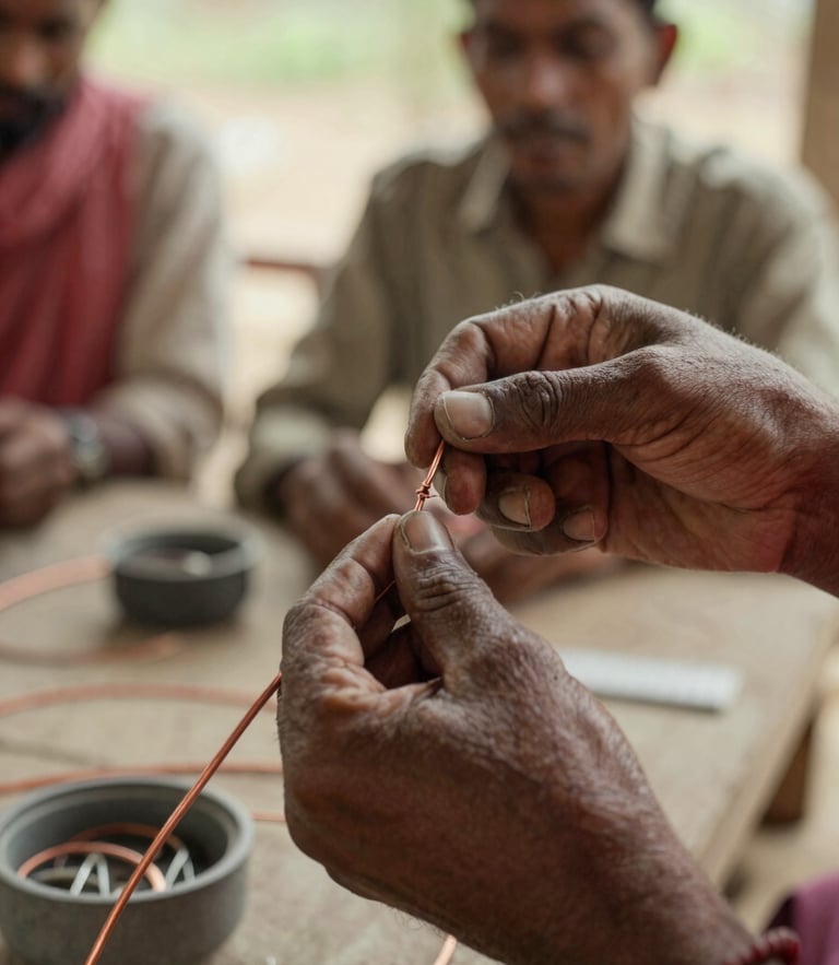 A close-up of rural Indian hands carefully splicing copper wires during a house wiring class, warm natural daylight, authentic village workshop setting.