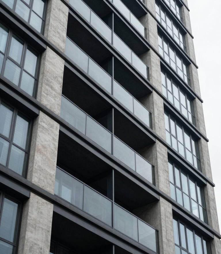 Architectural close-up of a modern high-rise facade under diffused overcast light, showing raw poured-in-place concrete meeting dark steel window frames and floor-to-ceiling glass panels.