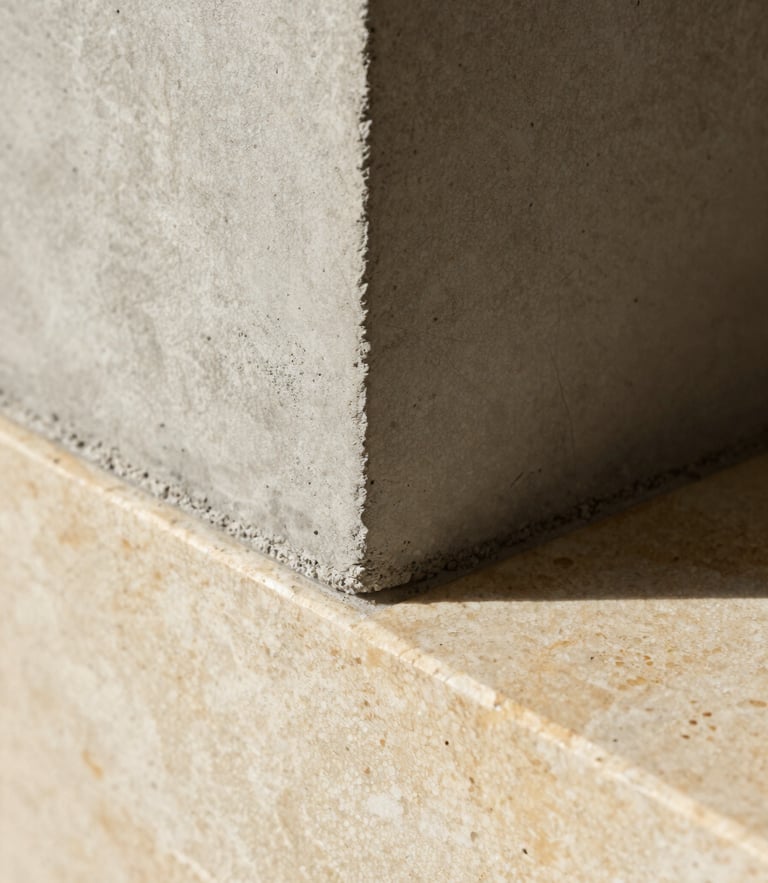Extreme macro architectural photograph showing the precise material transition where raw board-formed concrete meets smooth, warm travertine stone, natural side light casting soft shadows.
