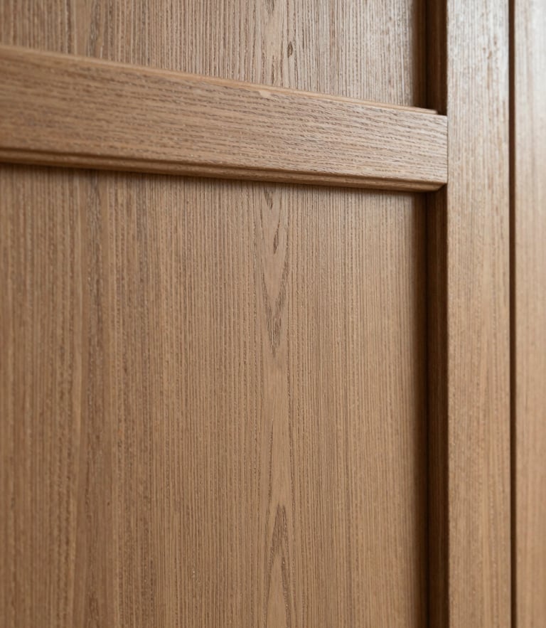 Close-up of premium oak wood panel texture, soft natural side-light highlighting the 3D relief, warm architectural photography style