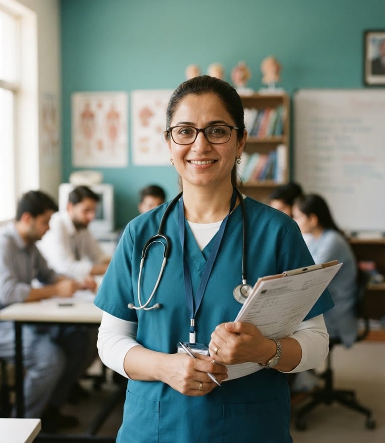 Warm academic portrait of a professional nursing educator in Peshawar, natural daylight, soft teal background, 35mm