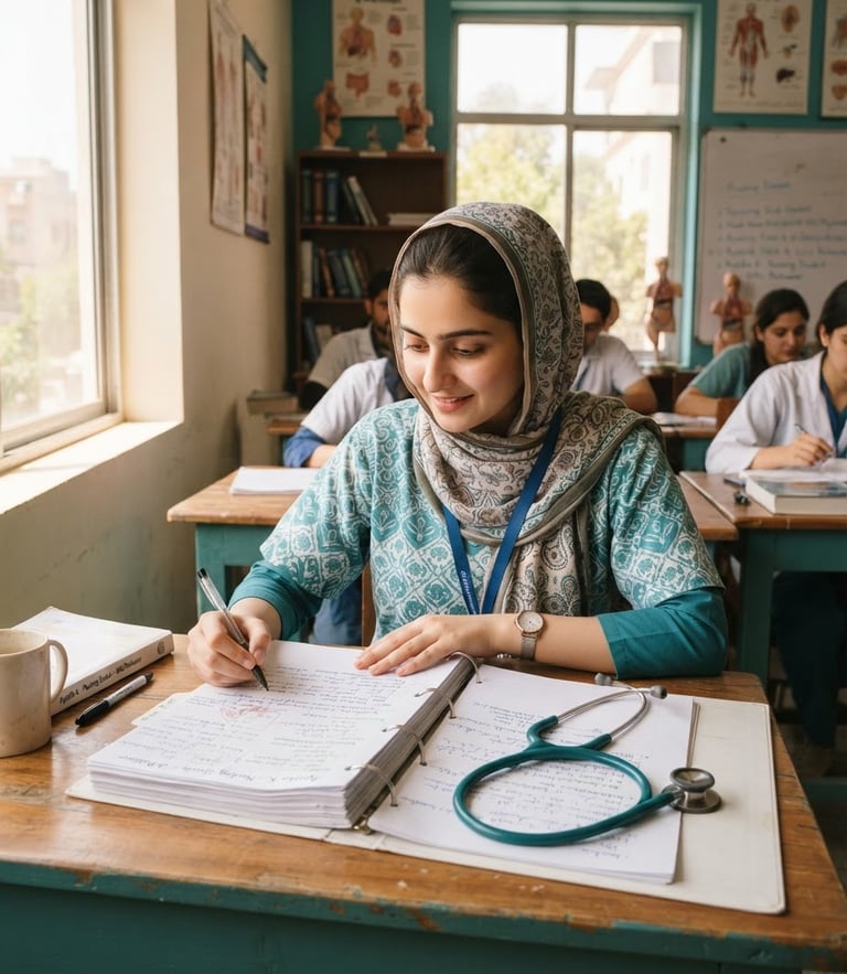 A Pakistani nursing student in a bright Peshawar classroom reviewing printed study notes, stethoscope on the desk, warm natural daylight, teal accents.