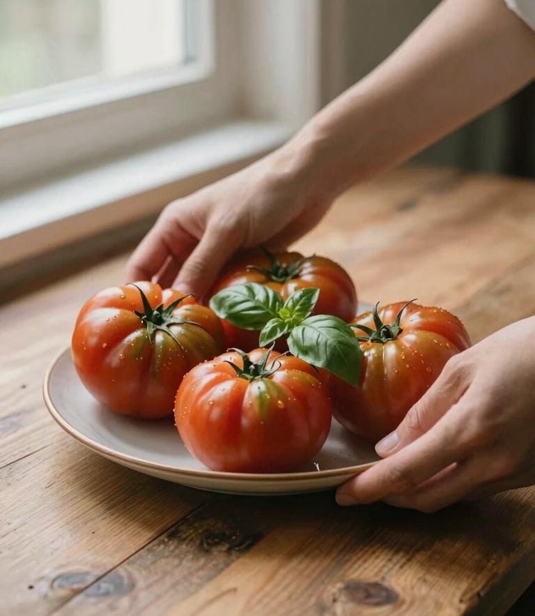 Hands of a food photographer adjusting a plate of fresh heirloom tomatoes and basil on a rustic wooden table, soft side window light, shallow depth of field, warm editorial style