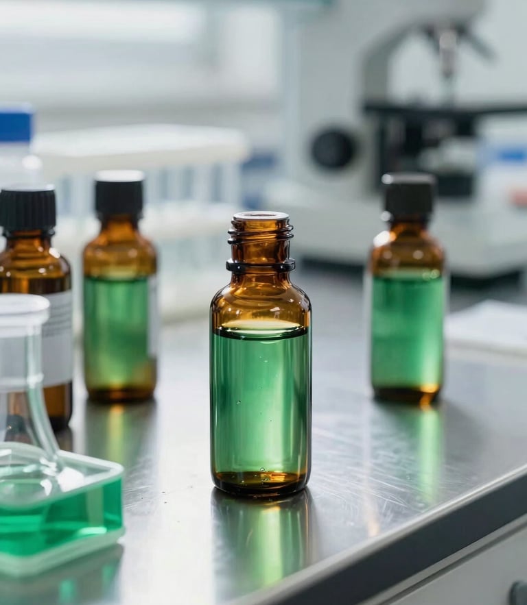 Bright clinical laboratory with green herbal extracts, sharp focus, 35mm, amber glass bottles on sterile stainless steel counter