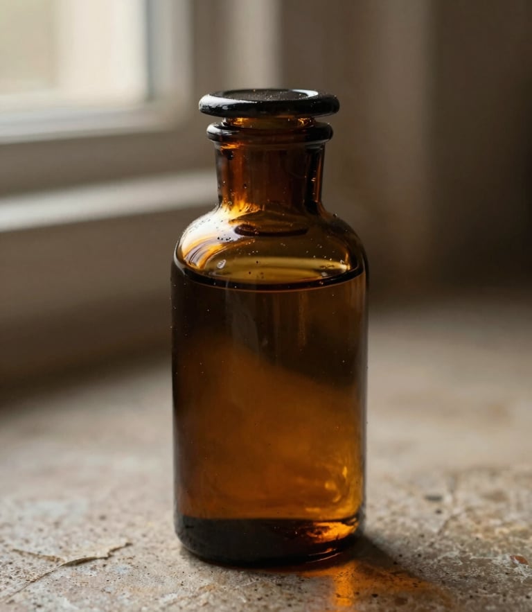 Macro close-up of a dark amber glass apothecary jar on a textured stone surface, warm side-lit window light, soft shadows