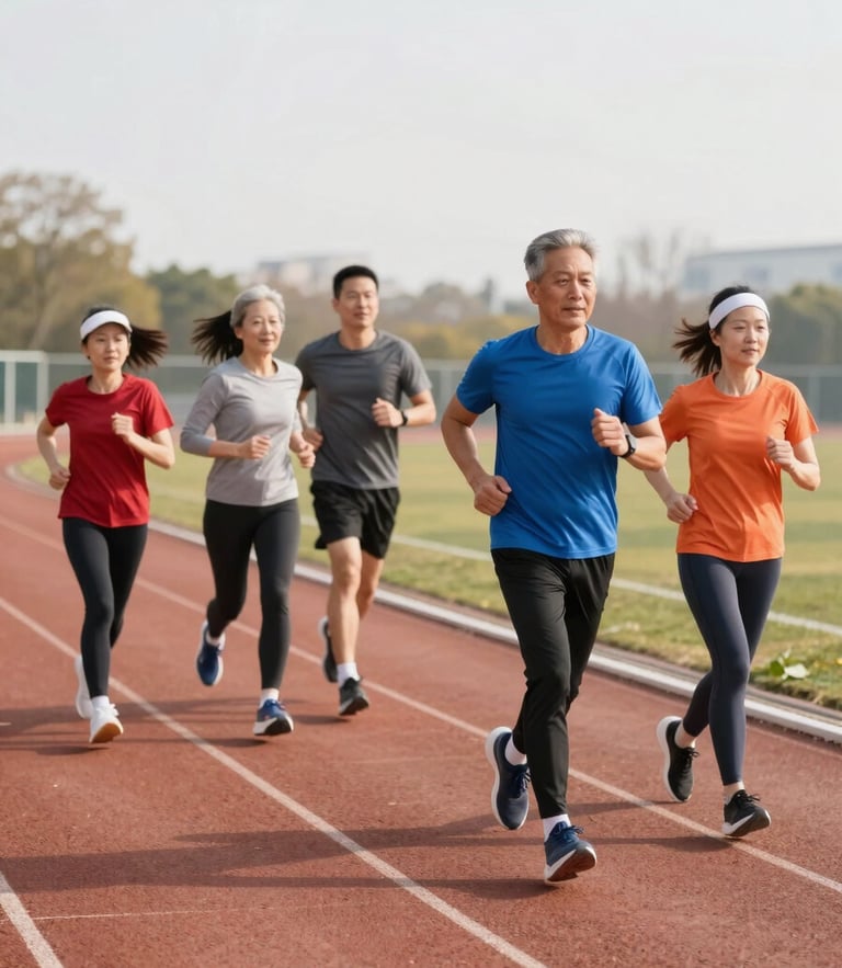 A multi-generational family jogging together on a bright outdoor track, warm morning daylight, energetic action shot, 35mm lens