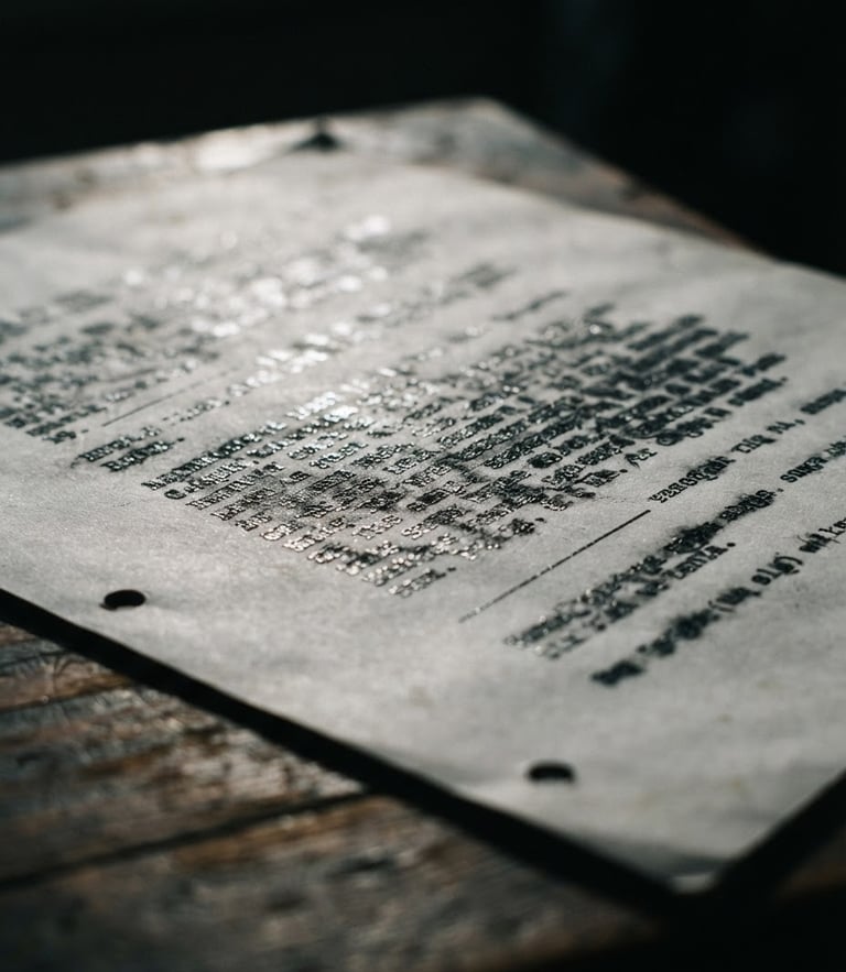 Moody close-up of a physical typed screenplay page under dramatic low-key window light, silver highlights, rich shadows, 35mm film grain