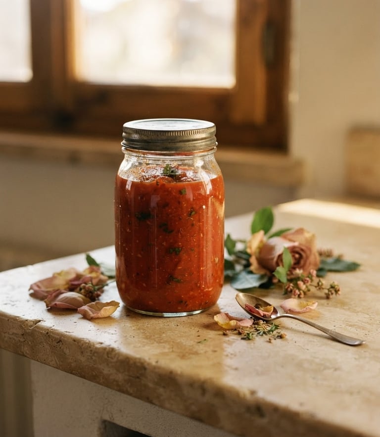 A heavy glass jar of Pomodoro cream resting on a warm ivory stone, soft golden-hour window light casting gentle shadows, botanical rose petals nearby, 35mm photography