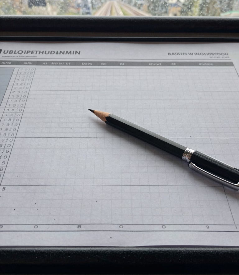 Straight-on close-up of a transit scheduler's desk, physical graph paper with colored pencil run cuts, a mechanical pencil, natural overcast morning light