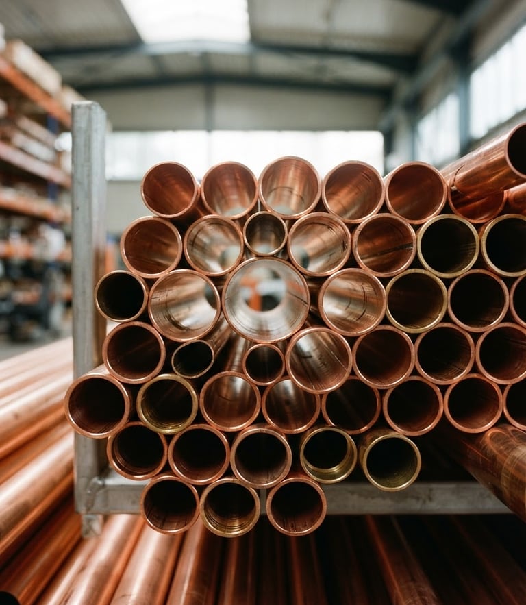 A macro photograph of stacked high-purity copper pipes, bright natural warehouse light reflecting off metallic surfaces, 35mm