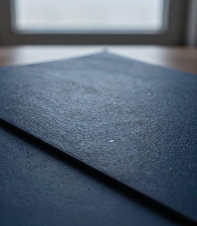 A close-up macro shot of redacted legal court documents under cool, soft overcast window light, highlighting sharp slate and navy tones, 35mm lens.