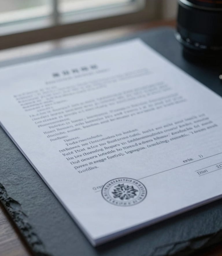 Close-up macro shot of redacted legal summons documents on a dark slate desk, cool natural window light, muted navy tones, sharp focus on court stamps, 35mm lens.